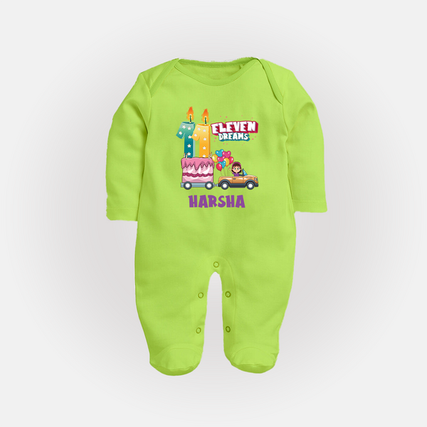 Celebrate 11 Month with Custom Full Sleeve Bodysuit/ Sleep Suit/ Jumpsuit | Personalized Newborn Outfit | Soft Cotton Comfort - LIME GREEN - New Born (Chest 7.5")