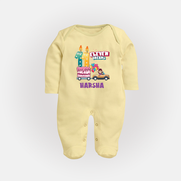 Celebrate 11 Month with Custom Full Sleeve Bodysuit/ Sleep Suit/ Jumpsuit | Personalized Newborn Outfit | Soft Cotton Comfort - PASTEL YELLOW - New Born (Chest 7.5")