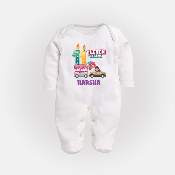 Celebrate 11 Month with Custom Full Sleeve Bodysuit/ Sleep Suit/ Jumpsuit | Personalized Newborn Outfit | Soft Cotton Comfort - WHITE - New Born (Chest 7.5")