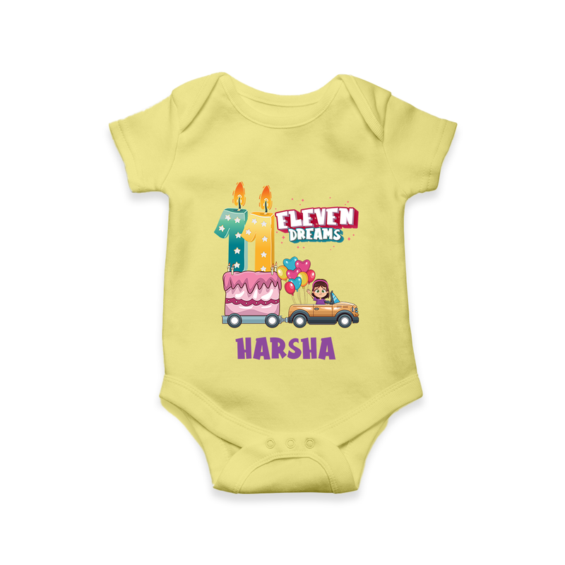 Celebrate 11 Month with Custom Romper | Personalized Newborn Outfit | Soft Cotton Comfort - PASTEL YELLOW - New Born (Chest 14")