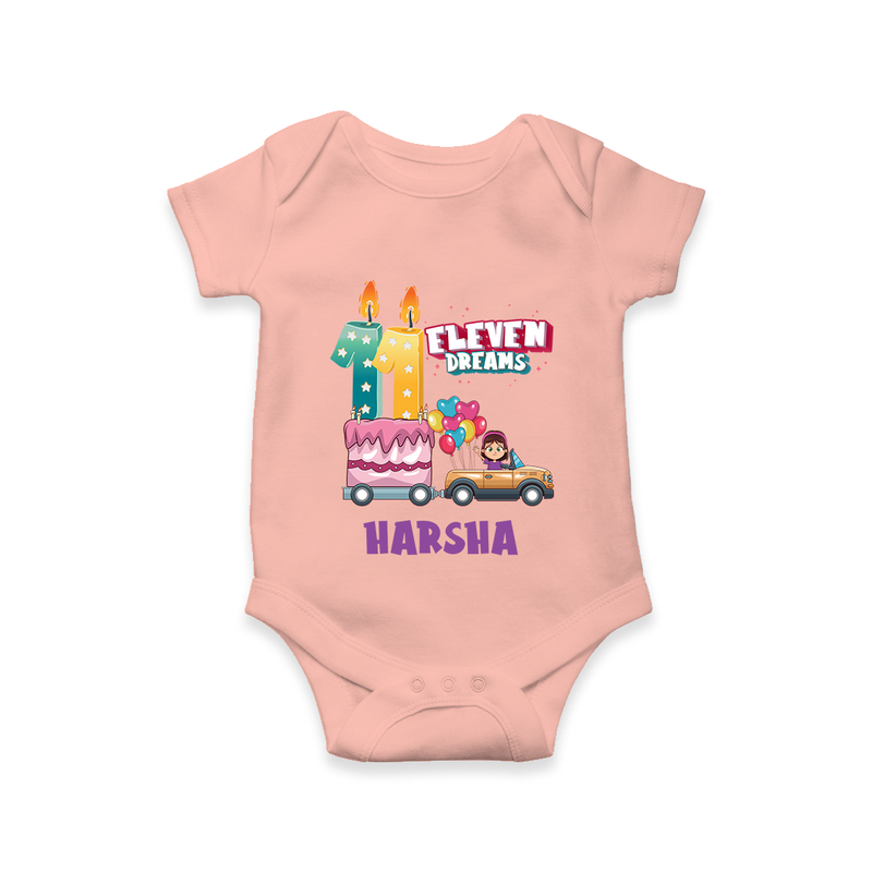 Celebrate 11 Month with Custom Romper | Personalized Newborn Outfit | Soft Cotton Comfort - PEACH - New Born (Chest 14")