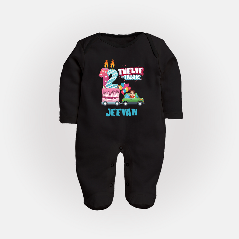 Baby Milestone Full Sleeve Bodysuit/ Sleep Suit/ Jumpsuit | Custom 1 Year Full Sleeve Bodysuit/ Sleep Suit/ Jumpsuit | Soft, Skin-Friendly Cotton - BLACK - New Born (Chest 7.5")