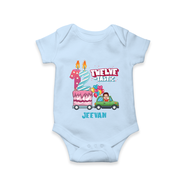 Celebrate Your Babies 12th Month With "TWELVE-TASTIC" - Customized Romper For Babies With Name - BABY BLUE - 0 - 3 Months Old (Chest 16")