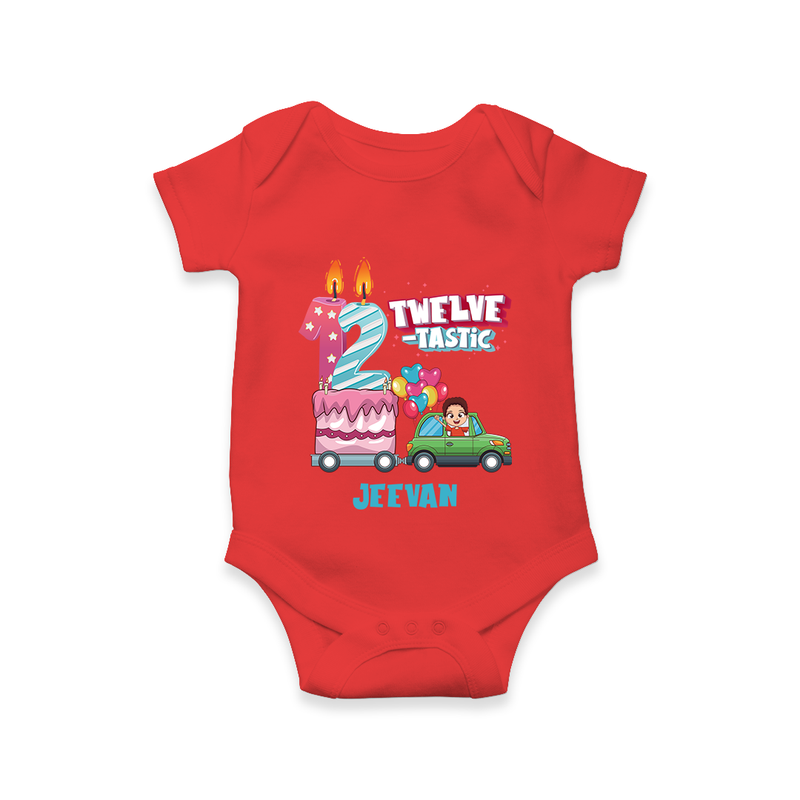 Celebrate Your Babies 12th Month With "TWELVE-TASTIC" - Customized Romper For Babies With Name - RED - 0 - 3 Months Old (Chest 16")