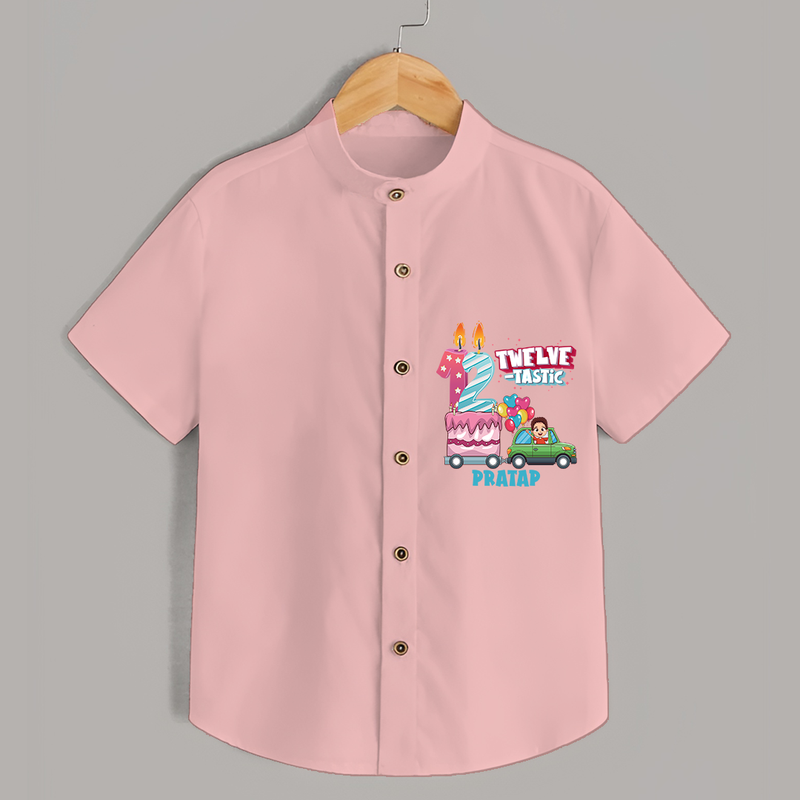 Twelve-tastic 12th Birthday – Custom Name Shirt for Boys - PEACH - 0 - 6 Months Old (Chest 21")