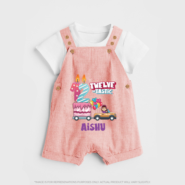 Celebrate 1 Year with Custom Dungaree Set | Personalized Newborn Outfit | Soft Cotton Comfort - PEACH - 0 - 5 Months Old (Chest 18")