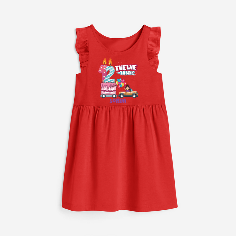 ⁠Twelve-tastic 12th Birthday – Personalized Name Frock for Girls - RED - 0 - 6 Months Old (Chest 18")