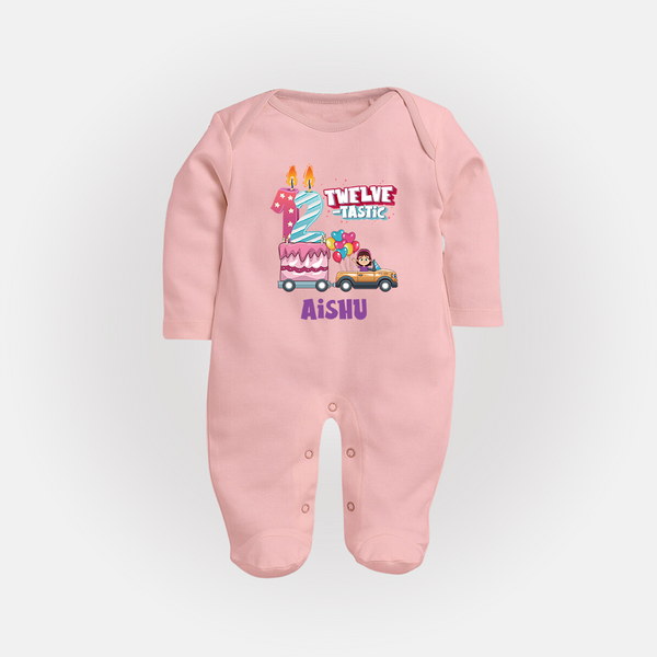 Celebrate 1 Year with Custom Full Sleeve Bodysuit/ Sleep Suit/ Jumpsuit | Personalized Newborn Outfit | Soft Cotton Comfort - BABY PINK - New Born (Chest 7.5")