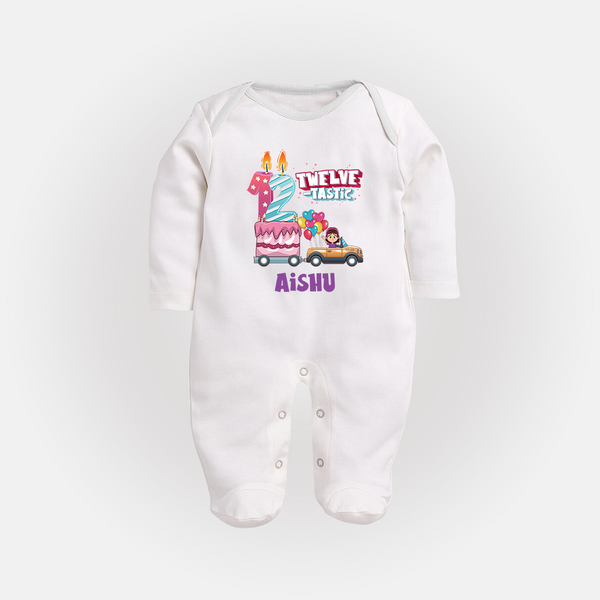 Celebrate 1 Year with Custom Full Sleeve Bodysuit/ Sleep Suit/ Jumpsuit | Personalized Newborn Outfit | Soft Cotton Comfort - WHITE - New Born (Chest 7.5")