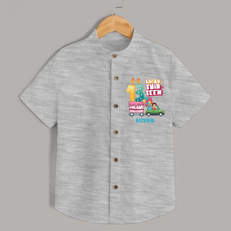 Celebrate Your Kids 13th Year Birthday With "LUCKY THIR-TEEN" - Personalized Birthday Shirts with Customized Name - GREY MELANGE - 0 - 6 Months Old (Chest 23")