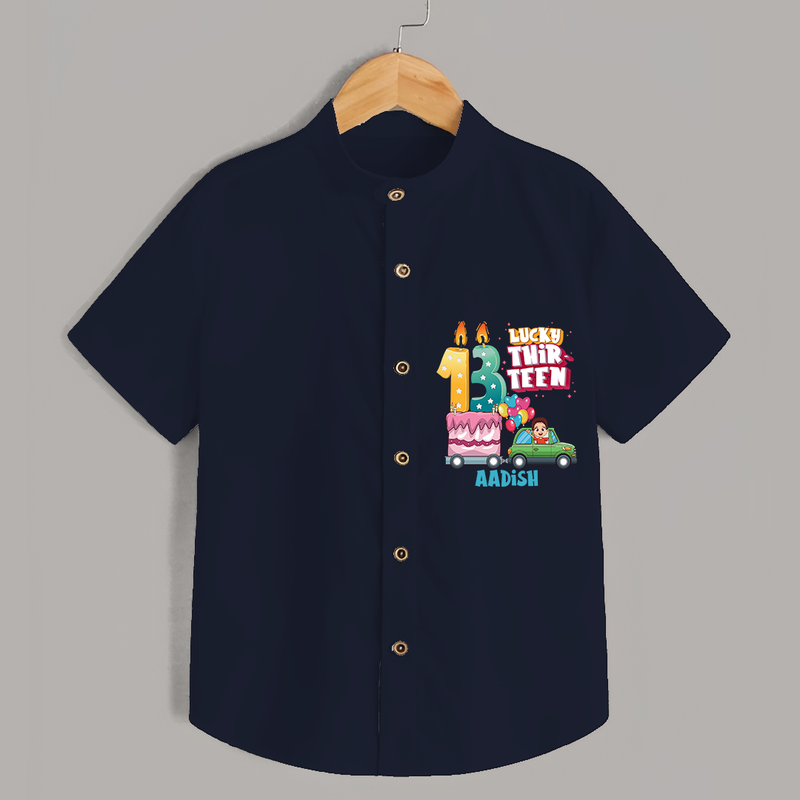 Lucky Thirteen 13th Birthday – Custom Name Shirt for Boys - NAVY BLUE - 0 - 6 Months Old (Chest 21")
