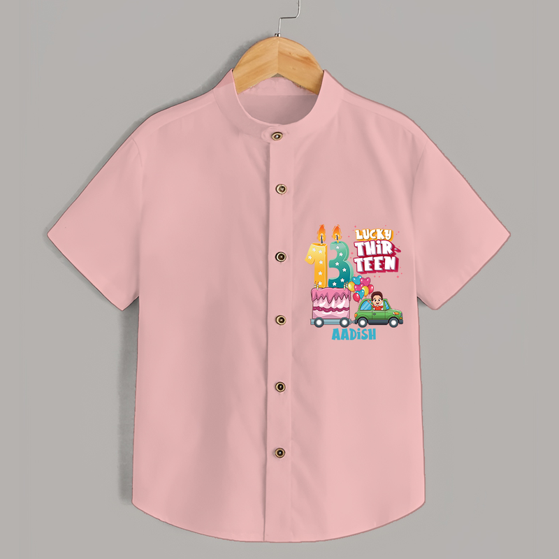 Lucky Thirteen 13th Birthday – Custom Name Shirt for Boys - PEACH - 0 - 6 Months Old (Chest 21")