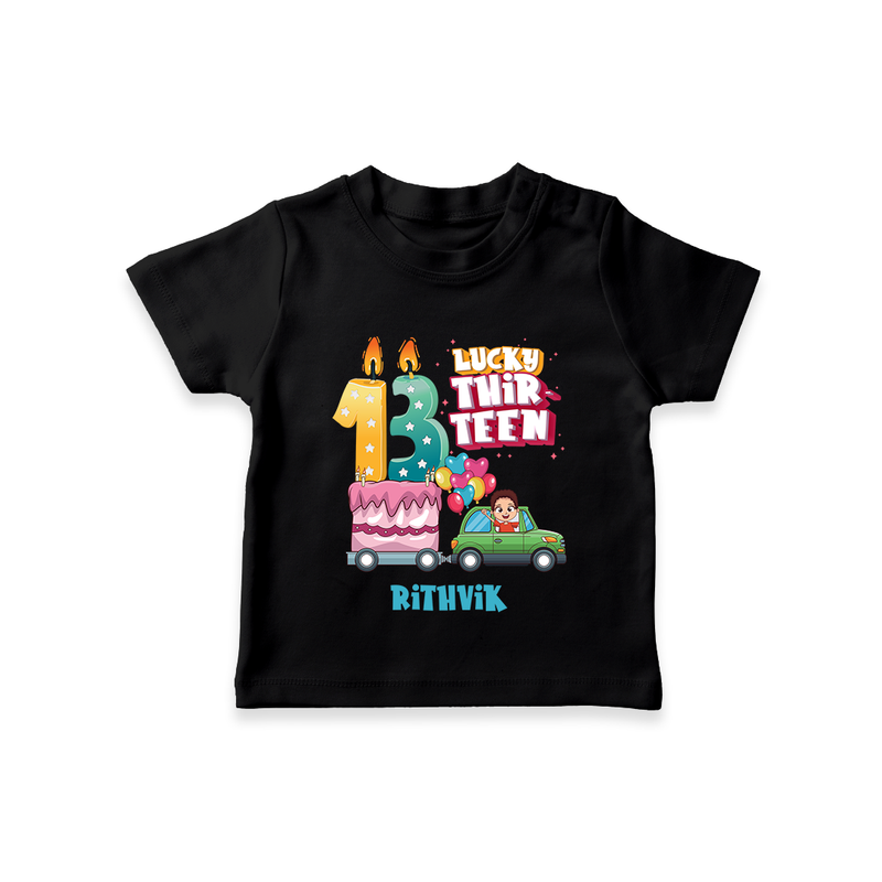 Celebrate Your Kids 13th Year Birthday With "LUCKY THIR-TEEN" - Personalized Birthday T-Shirts with Customized Name For Boys - BLACK - 0-5 Months Old (Chest 17")