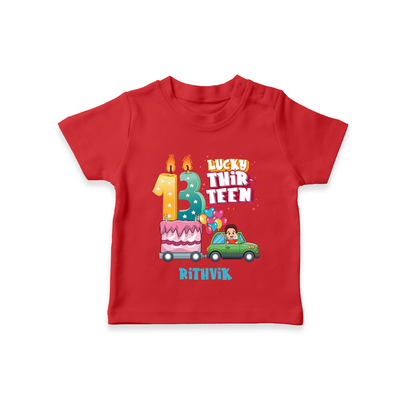 Celebrate Your Kids 13th Year Birthday With "LUCKY THIR-TEEN" - Personalized Birthday T-Shirts with Customized Name For Boys - RED - 0-5 Months Old (Chest 17")