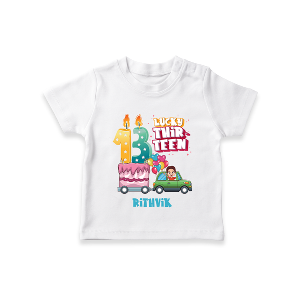 Celebrate Your Kids 13th Year Birthday With "LUCKY THIR-TEEN" - Personalized Birthday T-Shirts with Customized Name For Boys - WHITE - 0-5 Months Old (Chest 17")