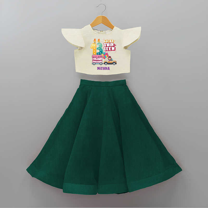 Celebrate Your Kids 13th Year Birthday With "LUCKY THIR-TEEN" - Personalized Birthday Crop Top And Skirt with Customized Name For Girls - BOTTLE GREEN - 6 - 9 Months Old (Chest 20" , Frock Waist 20")