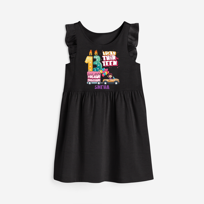 Lucky Thirteen 13th Birthday – Personalized Name Frock for Girls - BLACK - 0 - 6 Months Old (Chest 18")