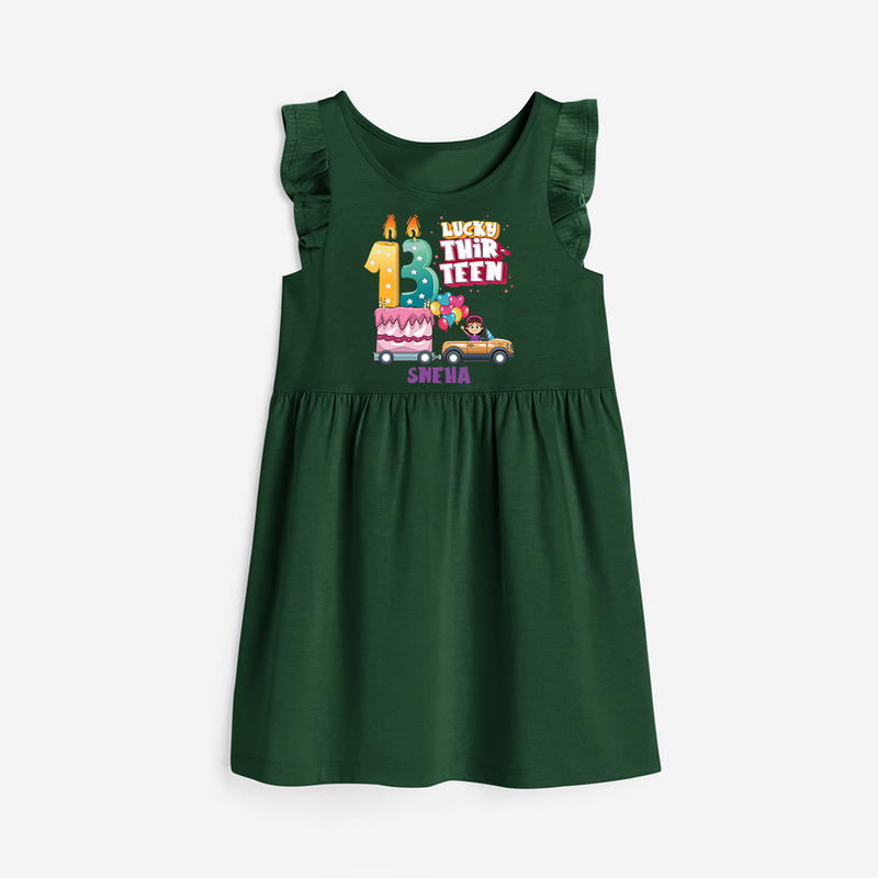 Lucky Thirteen 13th Birthday – Personalized Name Frock for Girls - BOTTLE GREEN - 0 - 6 Months Old (Chest 18")