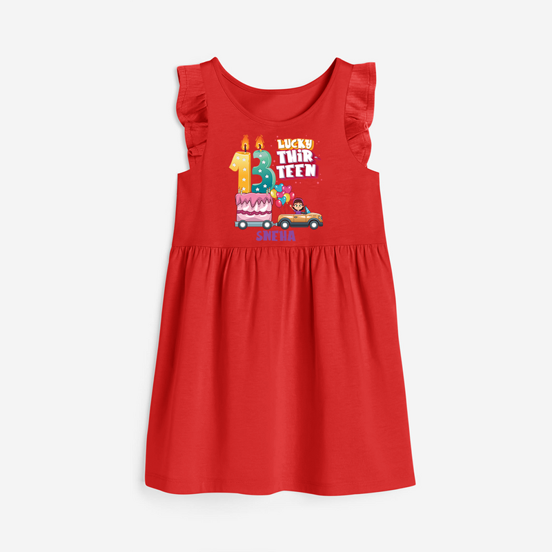 Lucky Thirteen 13th Birthday – Personalized Name Frock for Girls - RED - 0 - 6 Months Old (Chest 18")