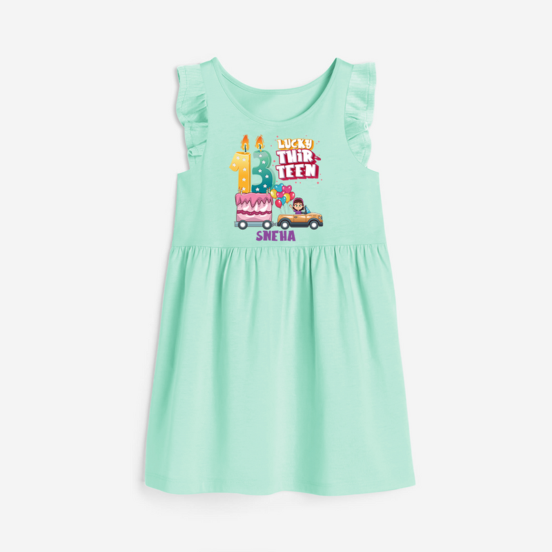 Lucky Thirteen 13th Birthday – Personalized Name Frock for Girls - TEAL GREEN - 0 - 6 Months Old (Chest 18")