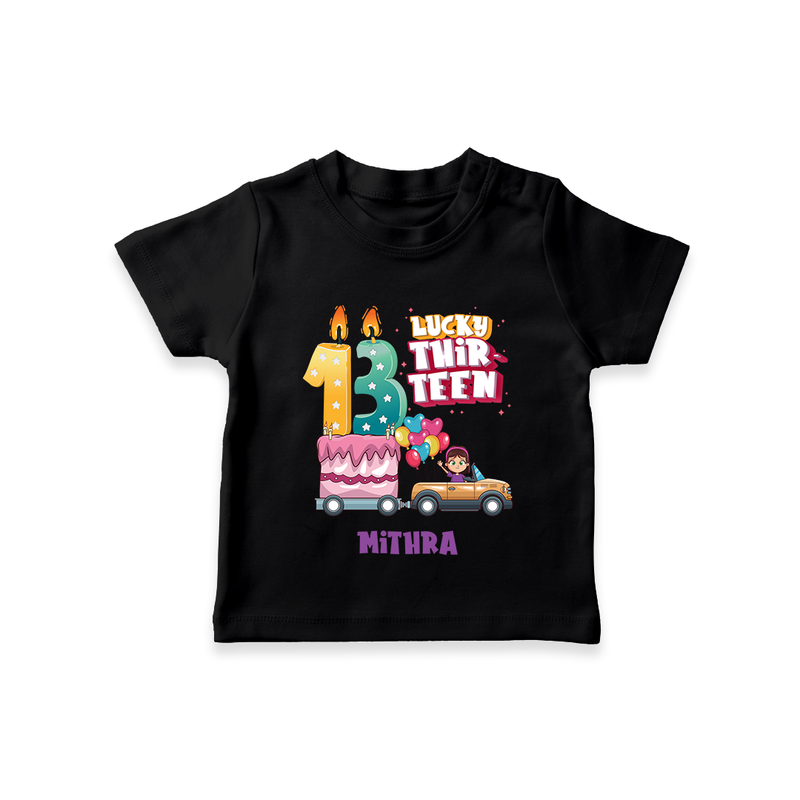 Celebrate Your Kids 13th Year Birthday With "LUCKY THIR-TEEN" - Personalized Birthday T-Shirts with Customized Name For Girls - BLACK - 0-5 Months Old (Chest 17")