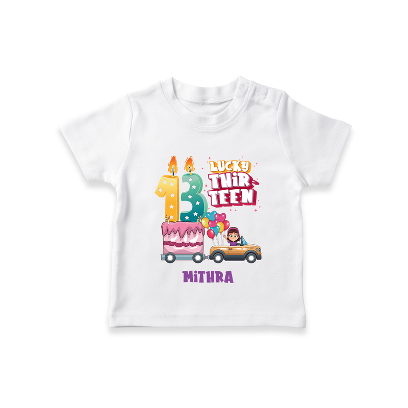 Celebrate Your Kids 13th Year Birthday With "LUCKY THIR-TEEN" - Personalized Birthday T-Shirts with Customized Name For Girls - WHITE - 0-5 Months Old (Chest 17")