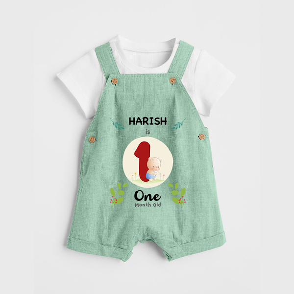 Customized Baby Dungaree Set | Celebrate 1st Month | Soft & Comfy Fit Dungaree Set - MINT GREEN - 0 - 5 Months Old (Chest 18")