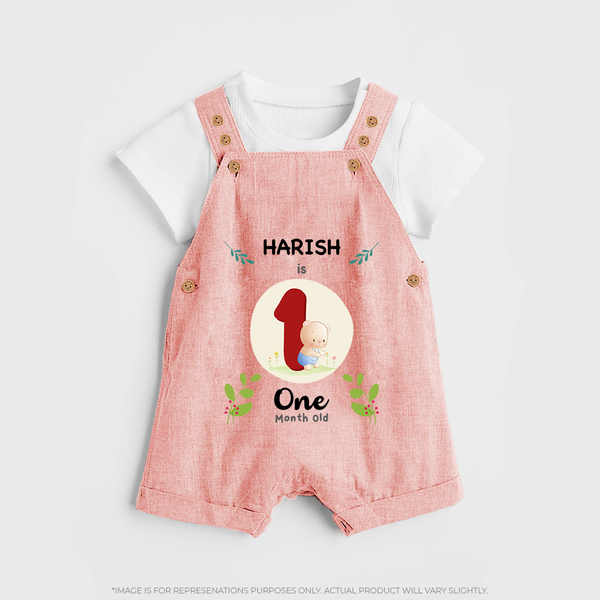 Customized Baby Dungaree Set | Celebrate 1st Month | Soft & Comfy Fit Dungaree Set - PEACH - 0 - 5 Months Old (Chest 18")