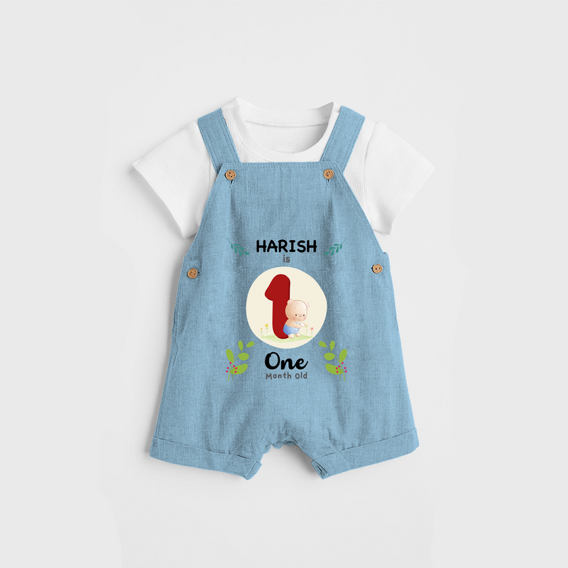 Celebrate The 1st Month Birthday with Customised Dungaree set for your Kids - SKY BLUE - 0 - 5 Months Old (Chest 17")