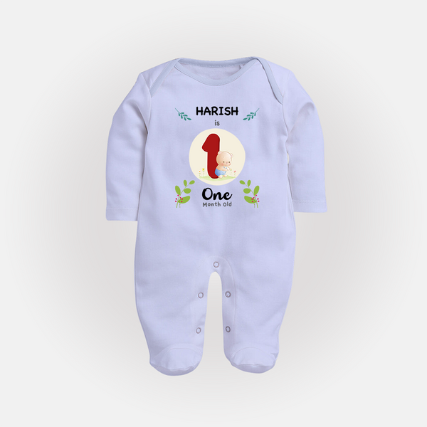 Customized Baby Full Sleeve Bodysuit/ Sleep Suit/ Jumpsuit | Celebrate 1st Month | Soft & Comfy Fit Full Sleeve Bodysuit/ Sleep Suit/ Jumpsuit - BABY BLUE - New Born (Chest 7.5")