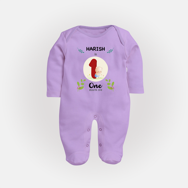 Customized Baby Full Sleeve Bodysuit/ Sleep Suit/ Jumpsuit | Celebrate 1st Month | Soft & Comfy Fit Full Sleeve Bodysuit/ Sleep Suit/ Jumpsuit - LILAC - New Born (Chest 7.5")