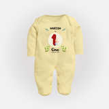 Customized Baby Full Sleeve Bodysuit/ Sleep Suit/ Jumpsuit | Celebrate 1st Month | Soft & Comfy Fit Full Sleeve Bodysuit/ Sleep Suit/ Jumpsuit - PASTEL YELLOW - New Born (Chest 7.5")