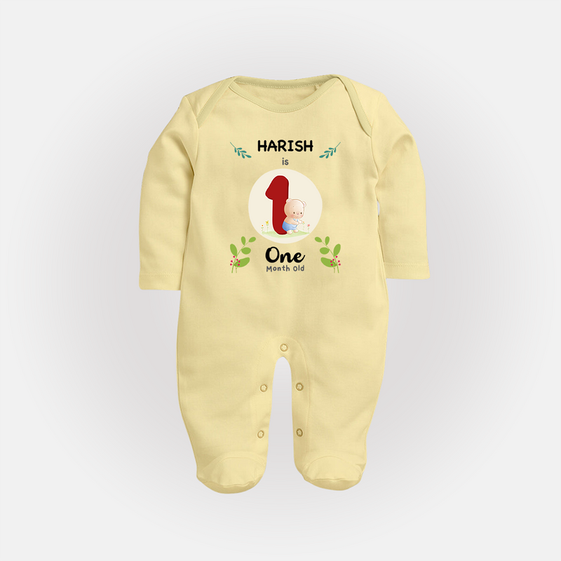 Customized Baby Full Sleeve Bodysuit/ Sleep Suit/ Jumpsuit | Celebrate 1st Month | Soft & Comfy Fit Full Sleeve Bodysuit/ Sleep Suit/ Jumpsuit - PASTEL YELLOW - New Born (Chest 7.5")