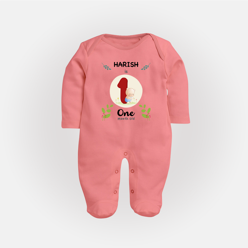 Customized Baby Full Sleeve Bodysuit/ Sleep Suit/ Jumpsuit | Celebrate 1st Month | Soft & Comfy Fit Full Sleeve Bodysuit/ Sleep Suit/ Jumpsuit - PEACH - New Born (Chest 7.5")