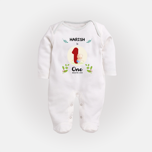 Customized Baby Full Sleeve Bodysuit/ Sleep Suit/ Jumpsuit | Celebrate 1st Month | Soft & Comfy Fit Full Sleeve Bodysuit/ Sleep Suit/ Jumpsuit - WHITE - New Born (Chest 7.5")