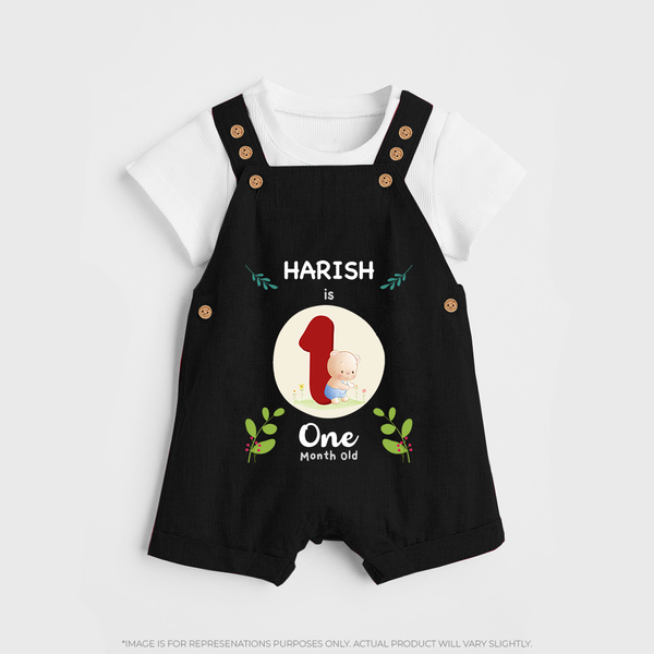 Customized Baby Dungaree Set | Celebrate 1st Month | Soft & Comfy Fit Dungaree Set - BLACK - 0 - 5 Months Old (Chest 18")