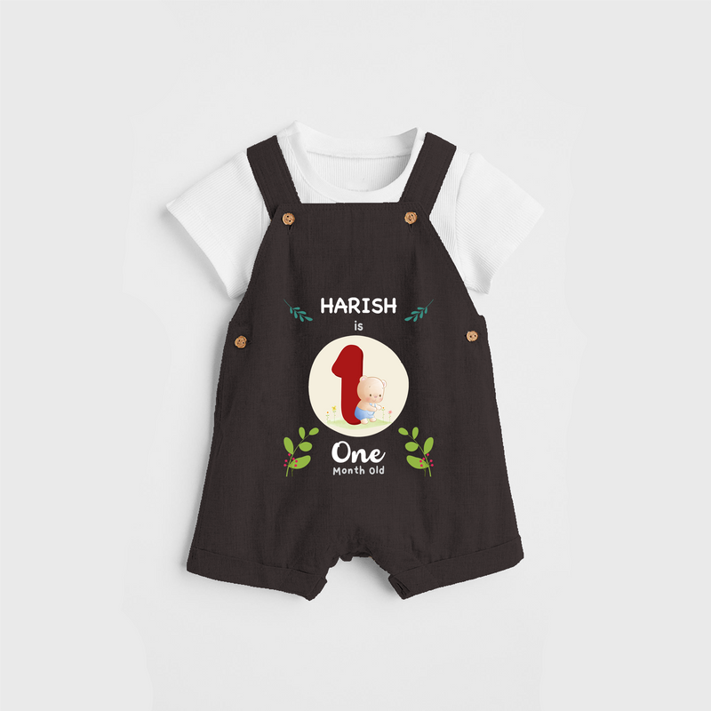 Celebrate The 1st Month Birthday with Customised Dungaree set for your Kids - CHOCOLATE BROWN - 0 - 5 Months Old (Chest 17")