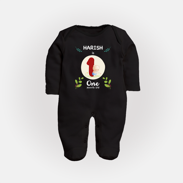 Customized Baby Full Sleeve Bodysuit/ Sleep Suit/ Jumpsuit | Celebrate 1st Month | Soft & Comfy Fit Full Sleeve Bodysuit/ Sleep Suit/ Jumpsuit - BLACK - New Born (Chest 7.5")