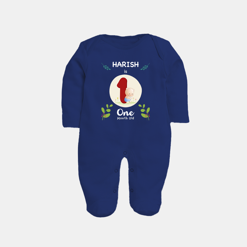 Customized Baby Full Sleeve Bodysuit/ Sleep Suit/ Jumpsuit | Celebrate 1st Month | Soft & Comfy Fit Full Sleeve Bodysuit/ Sleep Suit/ Jumpsuit - NAVY BLUE - New Born (Chest 7.5")