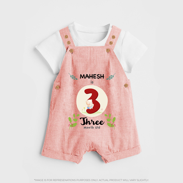 Customized Baby Dungaree Set | Celebrate 3rd Month | Soft & Comfy Fit Dungaree Set - PEACH - 0 - 5 Months Old (Chest 18")