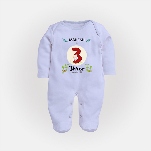 Customized Baby Full Sleeve Bodysuit/ Sleep Suit/ Jumpsuit | Celebrate 3rd Month | Soft & Comfy Fit Full Sleeve Bodysuit/ Sleep Suit/ Jumpsuit - BABY BLUE - New Born (Chest 7.5")
