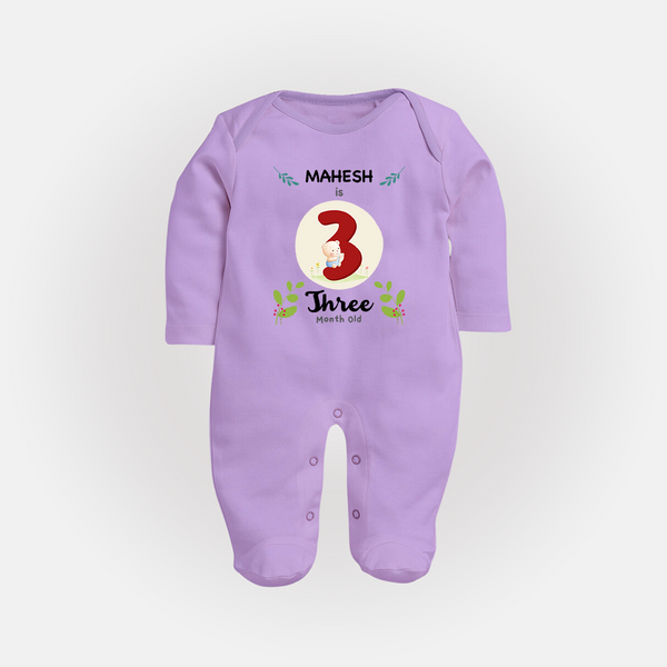 Customized Baby Full Sleeve Bodysuit/ Sleep Suit/ Jumpsuit | Celebrate 3rd Month | Soft & Comfy Fit Full Sleeve Bodysuit/ Sleep Suit/ Jumpsuit - LILAC - New Born (Chest 7.5")