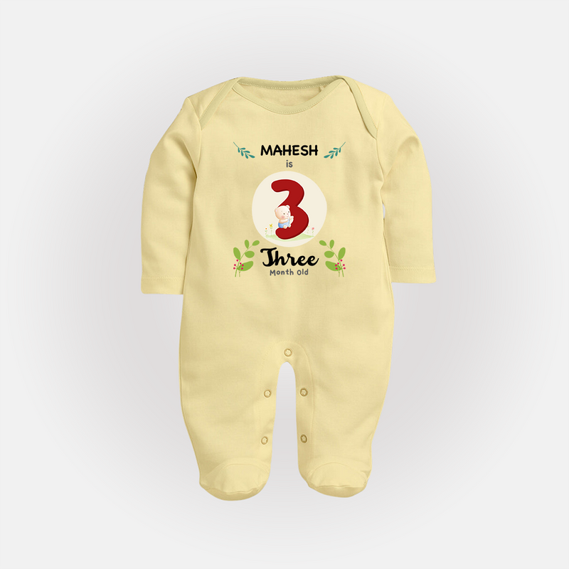 Customized Baby Full Sleeve Bodysuit/ Sleep Suit/ Jumpsuit | Celebrate 3rd Month | Soft & Comfy Fit Full Sleeve Bodysuit/ Sleep Suit/ Jumpsuit - PASTEL YELLOW - New Born (Chest 7.5")