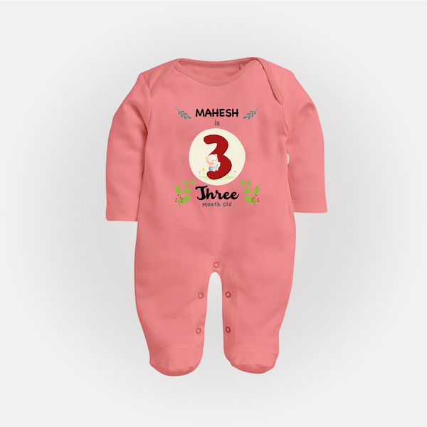 Customized Baby Full Sleeve Bodysuit/ Sleep Suit/ Jumpsuit | Celebrate 3rd Month | Soft & Comfy Fit Full Sleeve Bodysuit/ Sleep Suit/ Jumpsuit - PEACH - New Born (Chest 7.5")