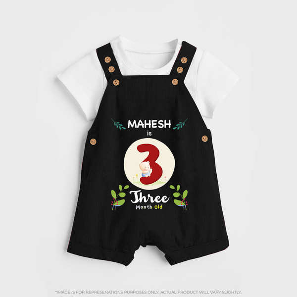 Customized Baby Dungaree Set | Celebrate 3rd Month | Soft & Comfy Fit Dungaree Set - BLACK - 0 - 5 Months Old (Chest 18")