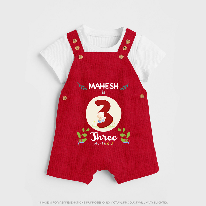 Customized Baby Dungaree Set | Celebrate 3rd Month | Soft & Comfy Fit Dungaree Set - RED - 0 - 5 Months Old (Chest 18")