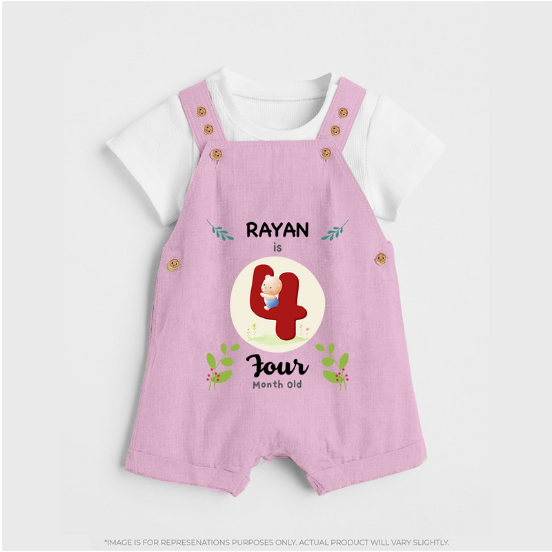 Customized Baby Dungaree Set | Celebrate 4th Month | Soft & Comfy Fit Dungaree Set - BABY PINK - 0 - 5 Months Old (Chest 18")