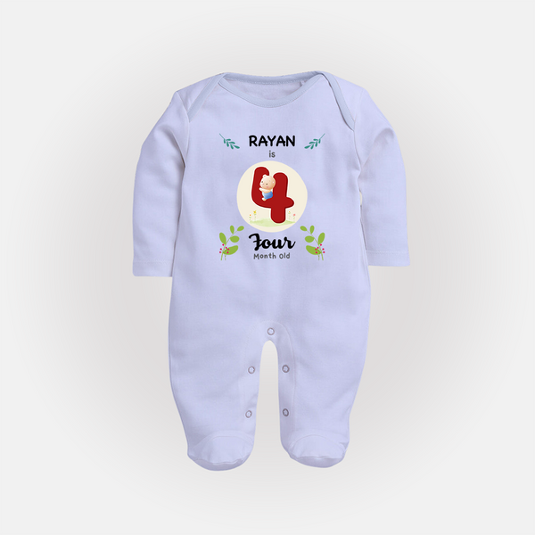Customized Baby Full Sleeve Bodysuit/ Sleep Suit/ Jumpsuit | Celebrate 4th Month | Soft & Comfy Fit Full Sleeve Bodysuit/ Sleep Suit/ Jumpsuit - BABY BLUE - New Born (Chest 7.5")