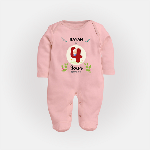 Customized Baby Full Sleeve Bodysuit/ Sleep Suit/ Jumpsuit | Celebrate 4th Month | Soft & Comfy Fit Full Sleeve Bodysuit/ Sleep Suit/ Jumpsuit - BABY PINK - New Born (Chest 7.5")