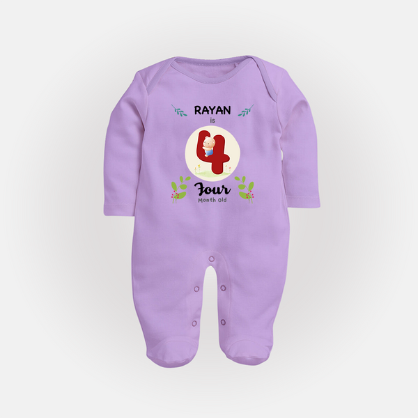 Customized Baby Full Sleeve Bodysuit/ Sleep Suit/ Jumpsuit | Celebrate 4th Month | Soft & Comfy Fit Full Sleeve Bodysuit/ Sleep Suit/ Jumpsuit - LILAC - New Born (Chest 7.5")